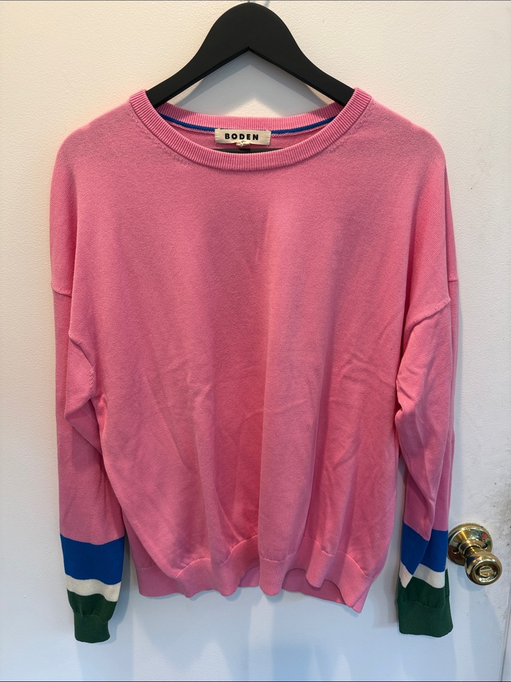 Boden Pink Crewneck Sweater with Blue, White and Green Cuffs